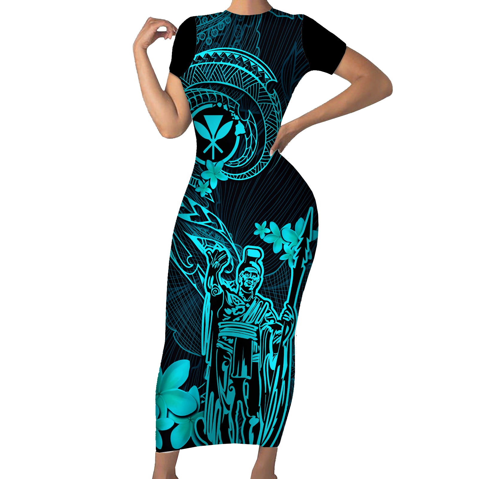 Hawaii Short Sleeve Bodycon Dress King Kamehameha Mix Polynesian Plumeria Turquoise Version LT14 Long Dress Turquoise - Polynesian Pride