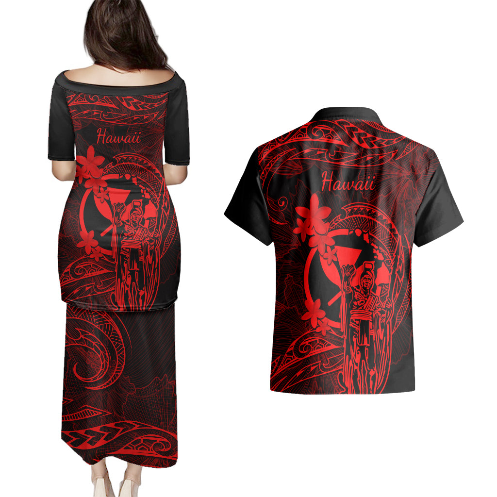 Hawaii Couples Matching Puletasi Dress and Hawaiian Shirt King Kamehameha Mix Polynesian Plumeria Red Version LT14 - Polynesian Pride