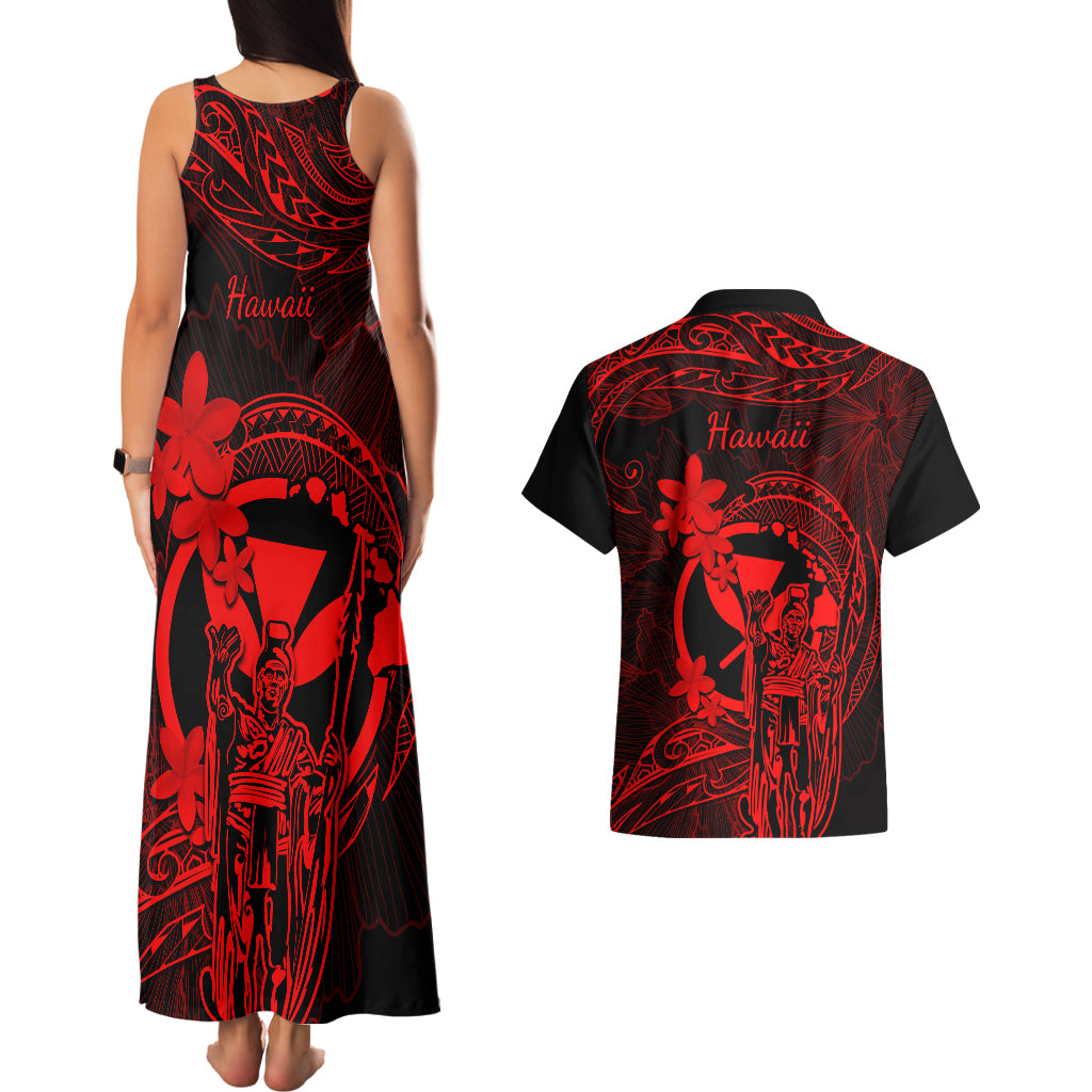 Hawaii Couples Matching Tank Maxi Dress and Hawaiian Shirt King Kamehameha Mix Polynesian Plumeria Red Version LT14 - Polynesian Pride