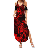 Hawaii Family Matching Summer Maxi Dress and Hawaiian Shirt King Kamehameha Mix Polynesian Plumeria Red Version LT14 Daughter's Dress Red - Polynesian Pride