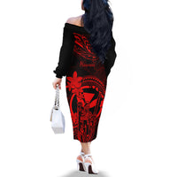 Hawaii Off The Shoulder Long Sleeve Dress King Kamehameha Mix Polynesian Plumeria Red Version LT14 - Polynesian Pride
