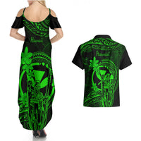 Hawaii Couples Matching Summer Maxi Dress and Hawaiian Shirt King Kamehameha Mix Polynesian Plumeria Green Version LT14 - Polynesian Pride