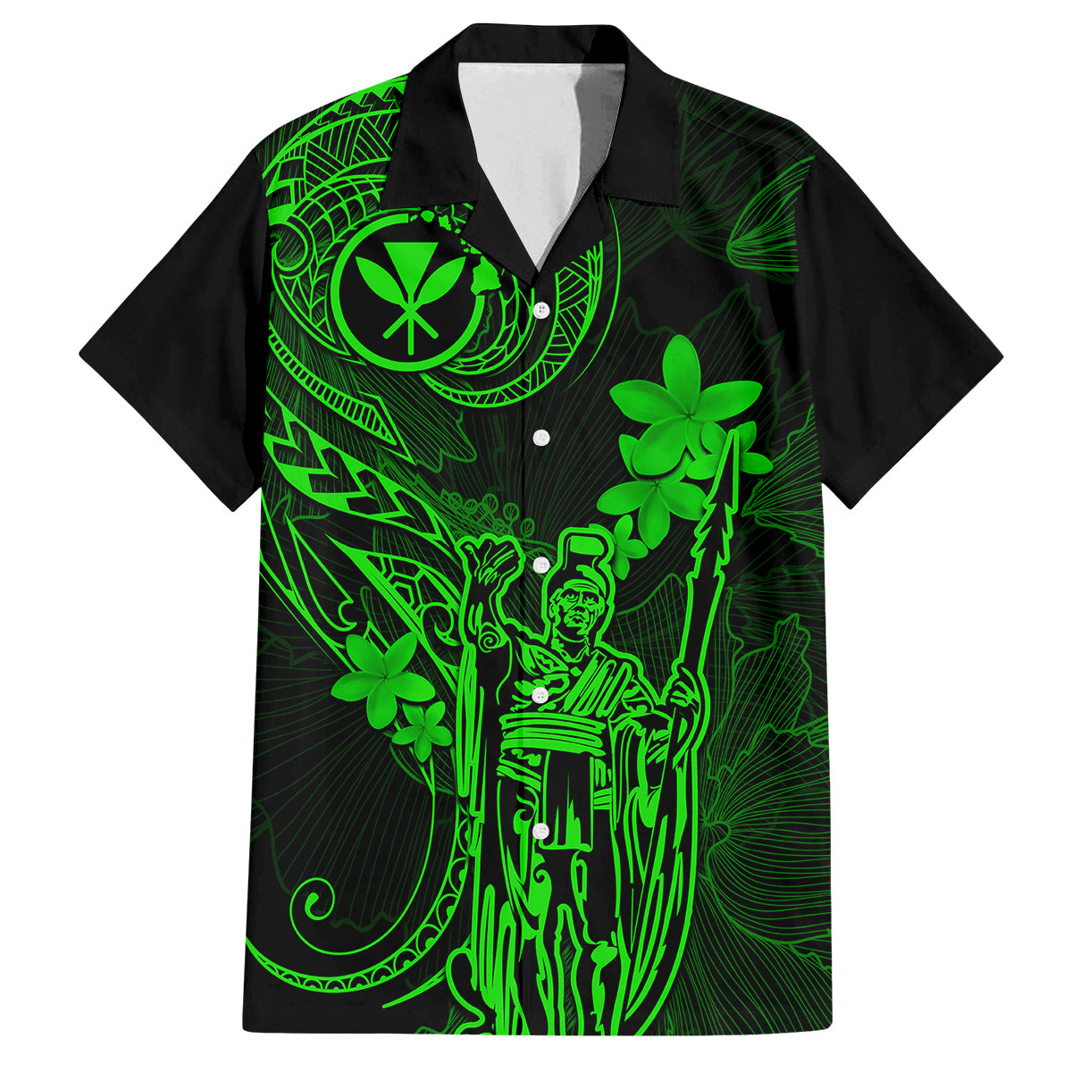 Hawaii Family Matching Puletasi Dress and Hawaiian Shirt King Kamehameha Mix Polynesian Plumeria Green Version LT14 Dad's Shirt - Short Sleeve Green - Polynesian Pride