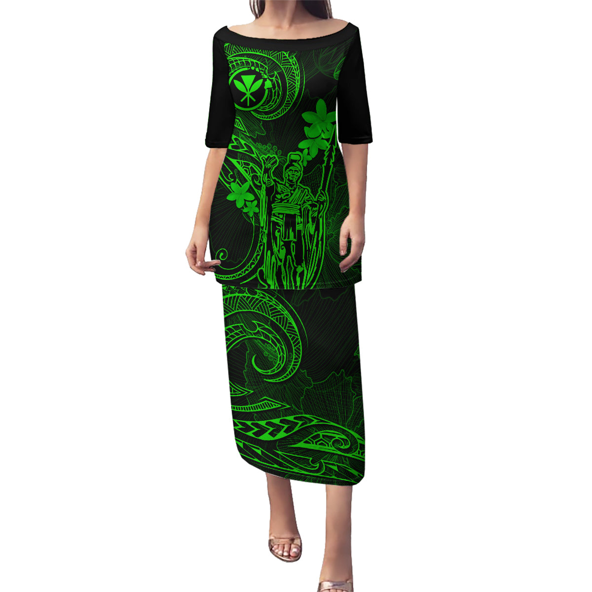 Hawaii Family Matching Puletasi Dress and Hawaiian Shirt King Kamehameha Mix Polynesian Plumeria Green Version LT14 Mom's Dress Green - Polynesian Pride