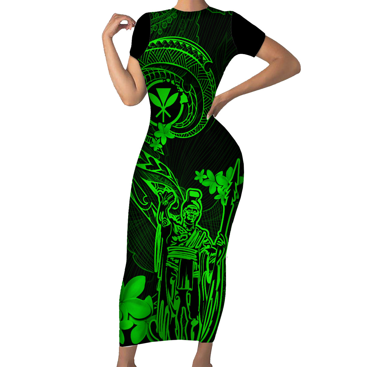 Hawaii Family Matching Short Sleeve Bodycon Dress and Hawaiian Shirt King Kamehameha Mix Polynesian Plumeria Green Version LT14 Mom's Dress Green - Polynesian Pride
