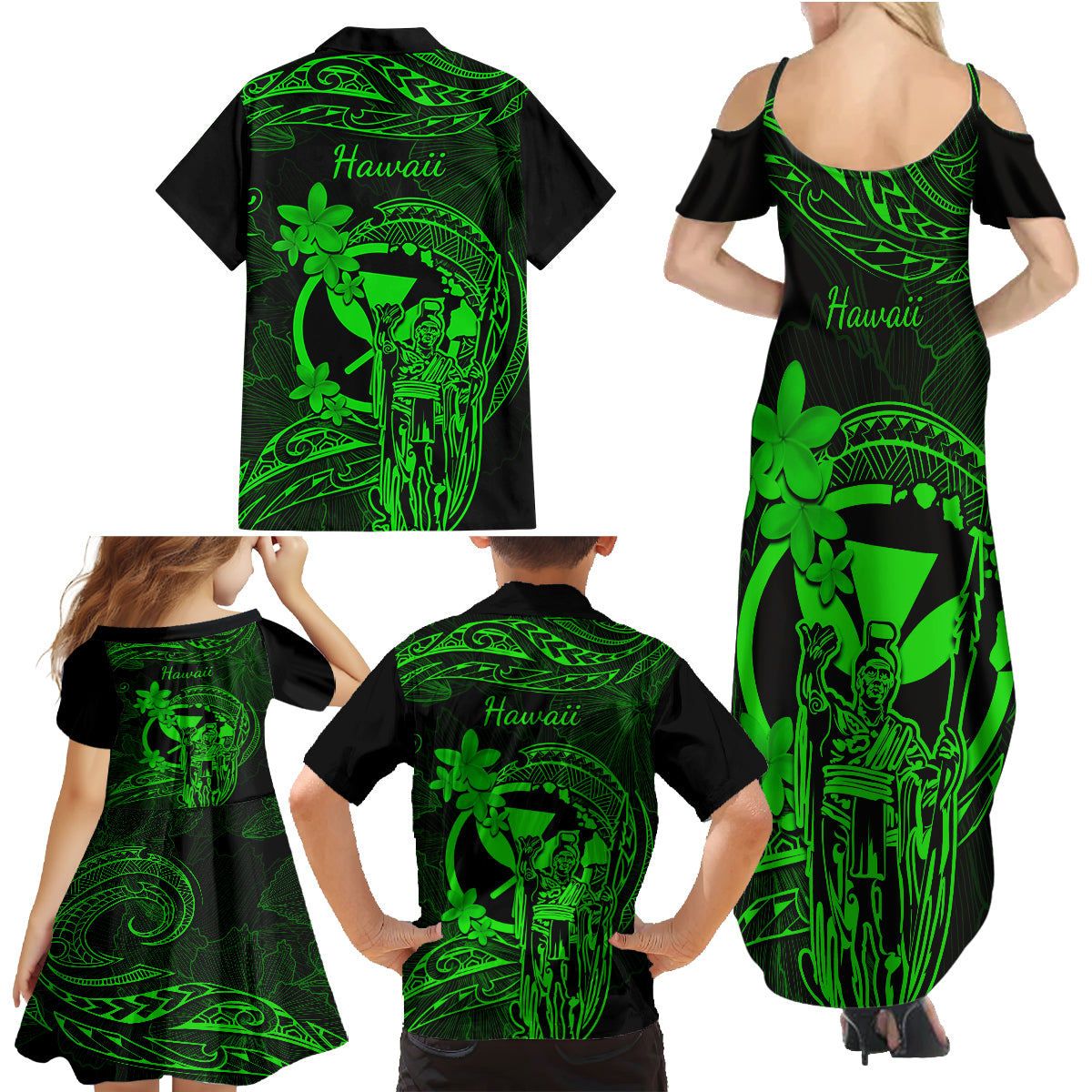 Hawaii Family Matching Summer Maxi Dress and Hawaiian Shirt King Kamehameha Mix Polynesian Plumeria Green Version LT14 - Polynesian Pride