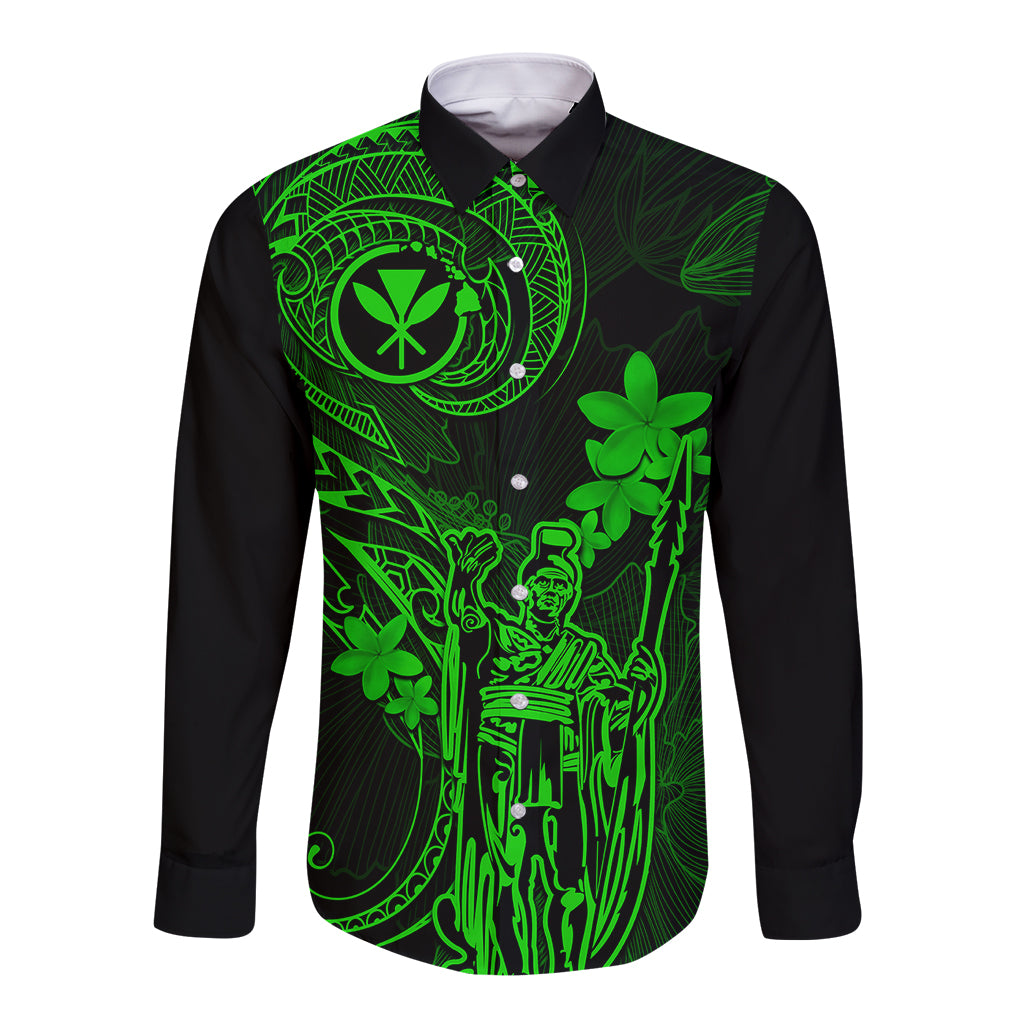 Hawaii Long Sleeve Button Shirt King Kamehameha Mix Polynesian Plumeria Green Version LT14 Unisex Green - Polynesian Pride