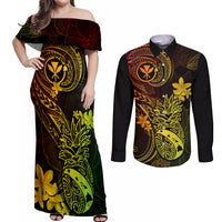 Hawaii Couples Matching Off Shoulder Maxi Dress and Long Sleeve Button Shirts Pineapple Mix Polynesian Plumeria Reggae Version LT14 Reggae - Polynesian Pride