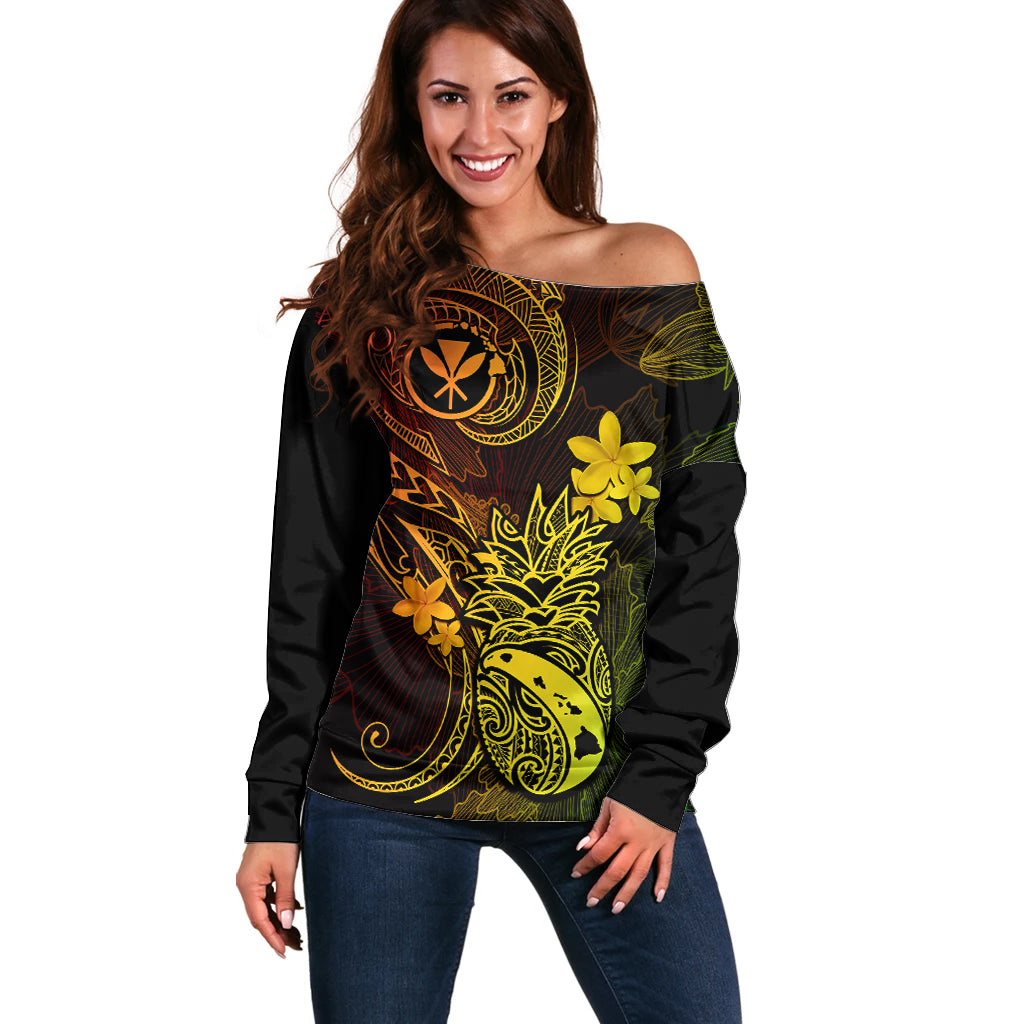 Hawaii Off Shoulder Sweater Pineapple Mix Polynesian Plumeria Reggae Version LT14 Women Reggae - Polynesian Pride