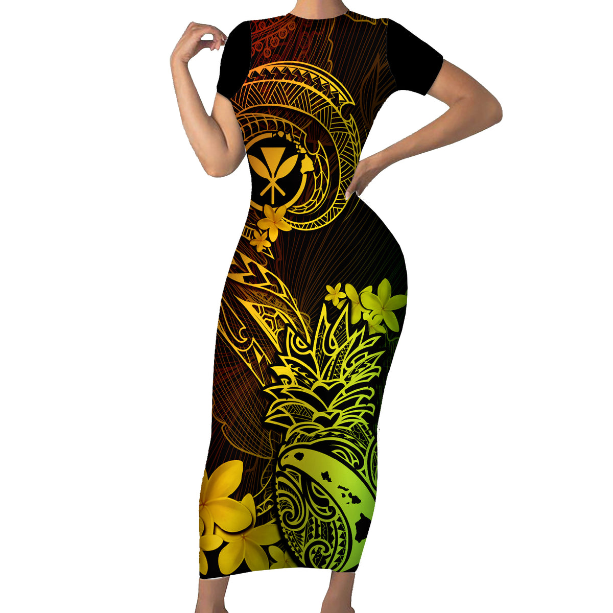 Hawaii Short Sleeve Bodycon Dress Pineapple Mix Polynesian Plumeria Reggae Version LT14 Long Dress Reggae - Polynesian Pride