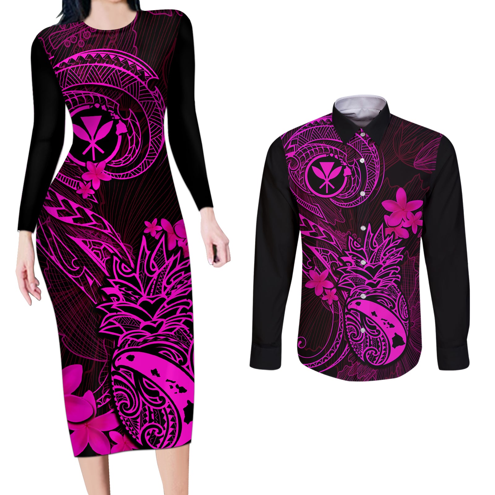 Hawaii Couples Matching Long Sleeve Bodycon Dress and Long Sleeve Button Shirts Pineapple Mix Polynesian Plumeria Pink Version LT14 Pink - Polynesian Pride
