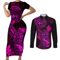 Hawaii Couples Matching Short Sleeve Bodycon Dress and Long Sleeve Button Shirts Pineapple Mix Polynesian Plumeria Pink Version LT14 Pink - Polynesian Pride