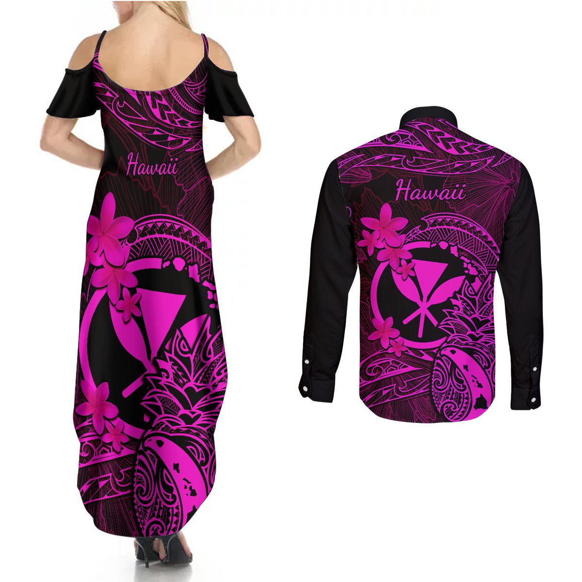 Hawaii Couples Matching Summer Maxi Dress and Long Sleeve Button Shirts Pineapple Mix Polynesian Plumeria Pink Version LT14 - Polynesian Pride
