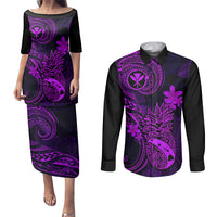 Hawaii Couples Matching Puletasi Dress and Long Sleeve Button Shirts Pineapple Mix Polynesian Plumeria Purple Version LT14 Purple - Polynesian Pride