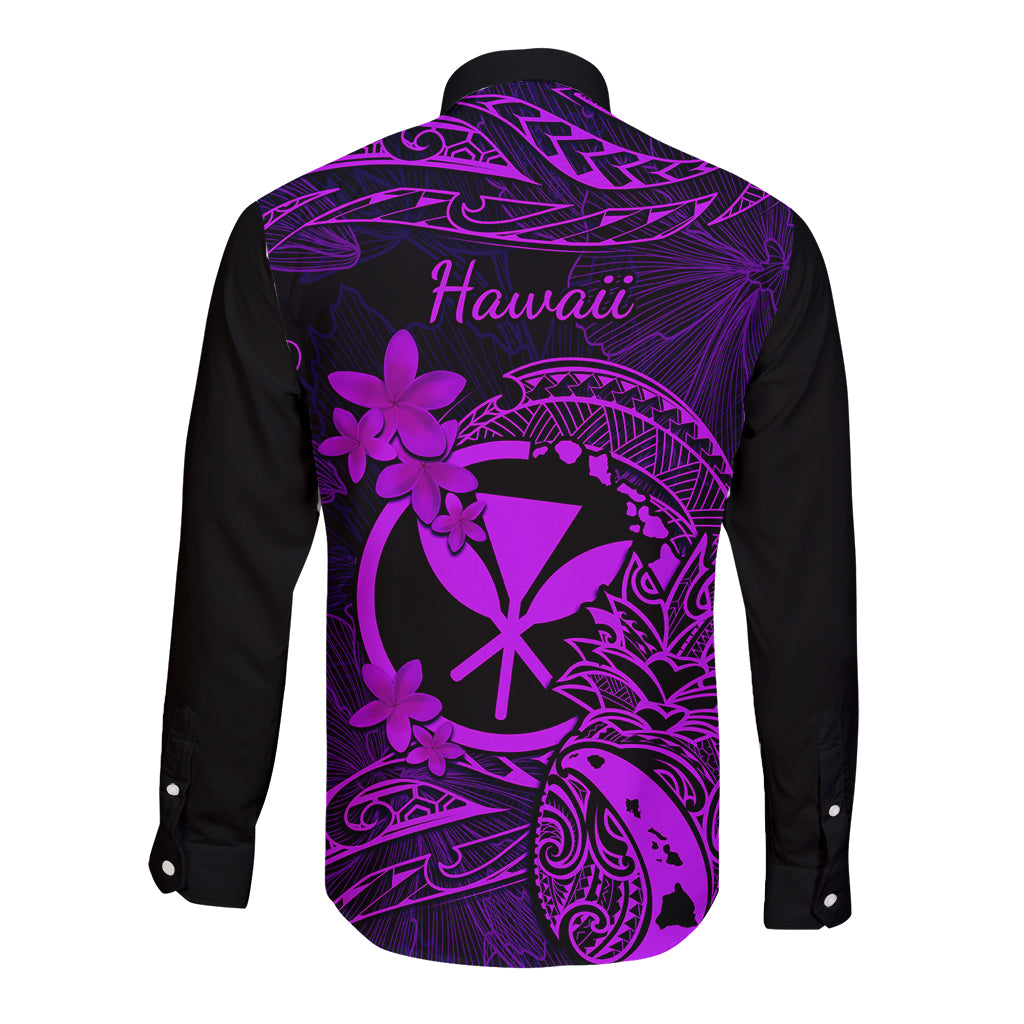 Hawaii Long Sleeve Button Shirt Pineapple Mix Polynesian Plumeria Purple Version LT14 - Polynesian Pride
