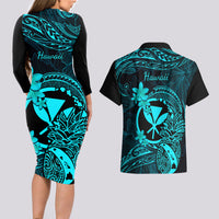 Hawaii Couples Matching Long Sleeve Bodycon Dress and Hawaiian Shirt Pineapple Mix Polynesian Plumeria Turquoise Version LT14 - Polynesian Pride