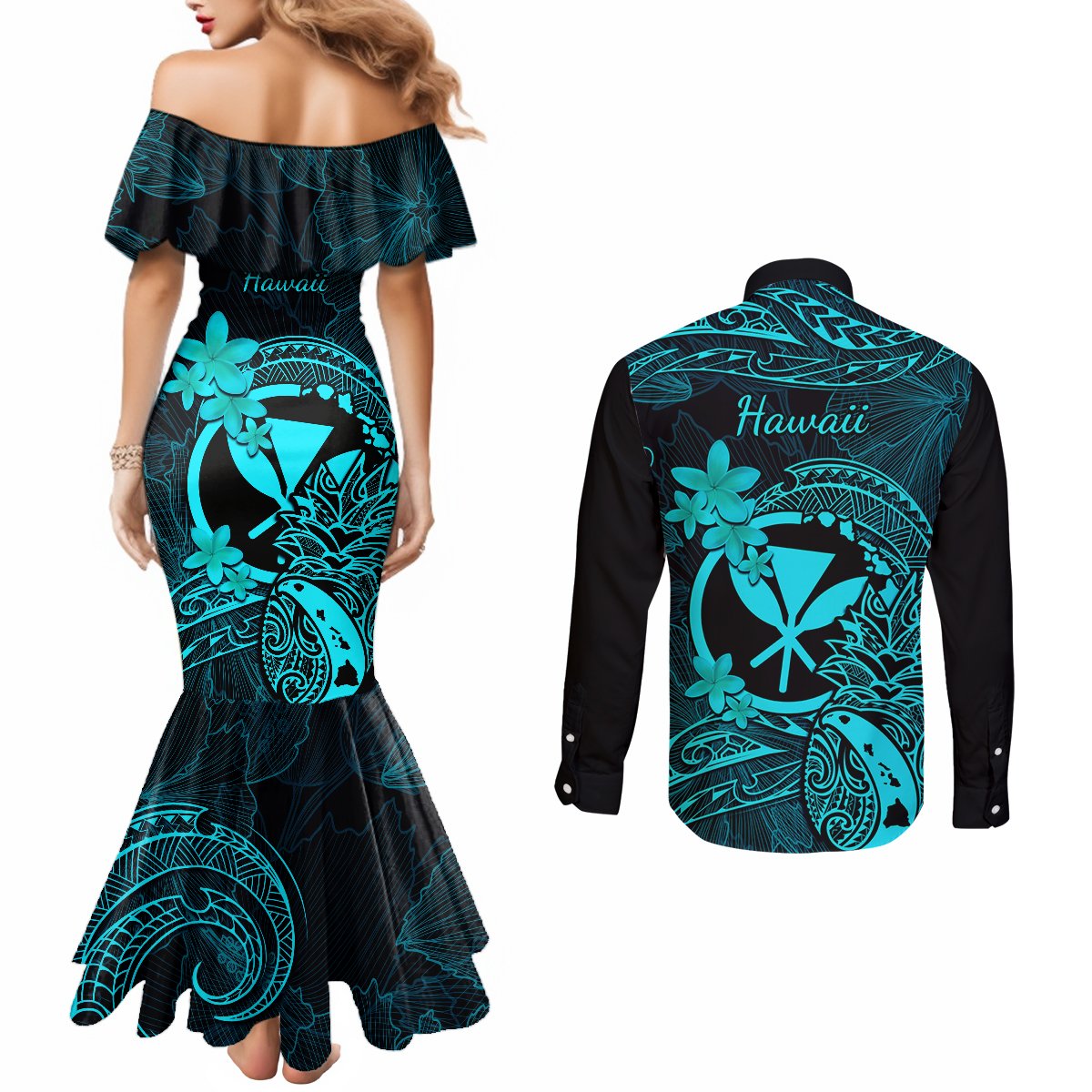 Hawaii Couples Matching Mermaid Dress and Long Sleeve Button Shirts Pineapple Mix Polynesian Plumeria Turquoise Version LT14 - Polynesian Pride