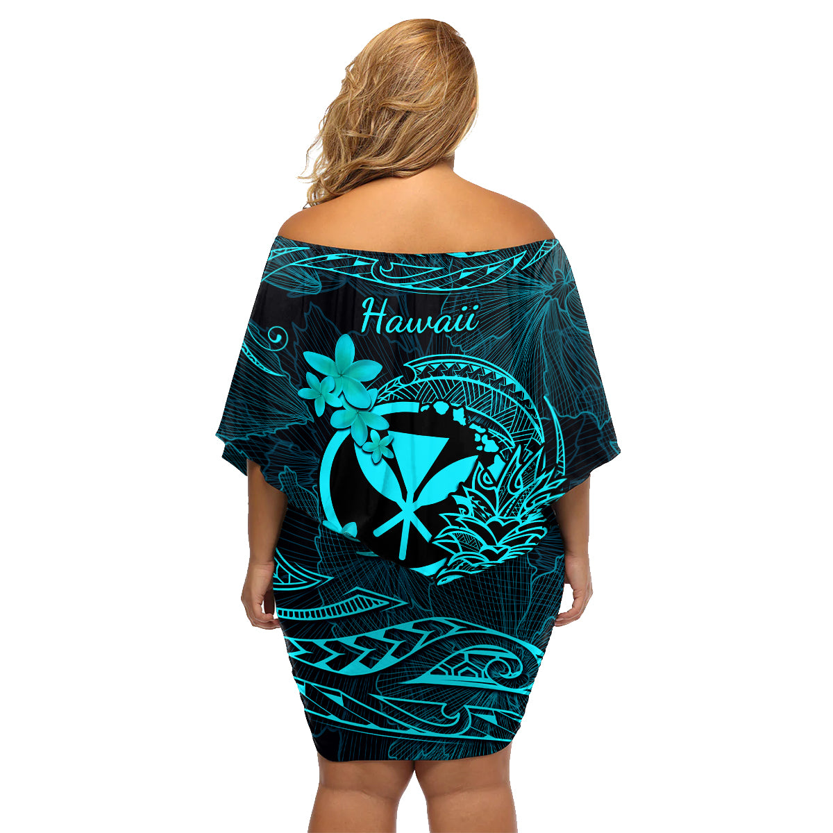Hawaii Family Matching Off Shoulder Short Dress and Hawaiian Shirt Pineapple Mix Polynesian Plumeria Turquoise Version LT14 - Polynesian Pride