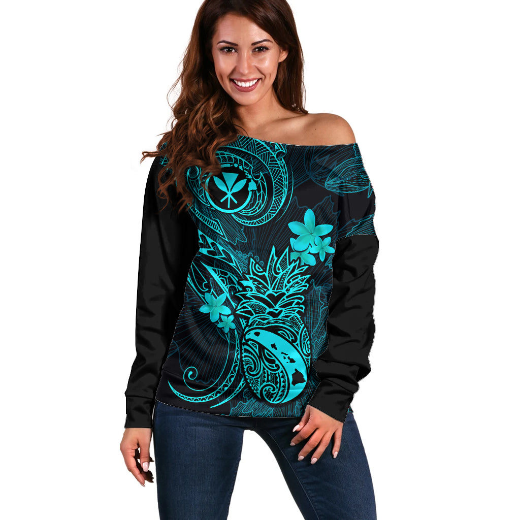 Hawaii Off Shoulder Sweater Pineapple Mix Polynesian Plumeria Turquoise Version LT14 Women Turquoise - Polynesian Pride