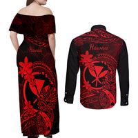Hawaii Couples Matching Off Shoulder Maxi Dress and Long Sleeve Button Shirts Pineapple Mix Polynesian Plumeria Red Version LT14 - Polynesian Pride
