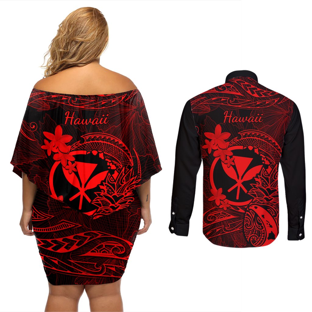 Hawaii Couples Matching Off Shoulder Short Dress and Long Sleeve Button Shirts Pineapple Mix Polynesian Plumeria Red Version LT14 - Polynesian Pride