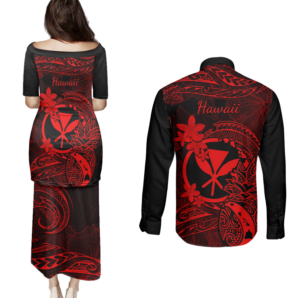 Hawaii Couples Matching Puletasi Dress and Long Sleeve Button Shirts Pineapple Mix Polynesian Plumeria Red Version LT14 - Polynesian Pride