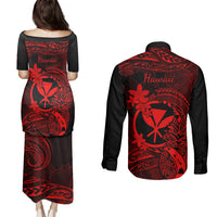 Hawaii Couples Matching Puletasi Dress and Long Sleeve Button Shirts Pineapple Mix Polynesian Plumeria Red Version LT14 - Polynesian Pride