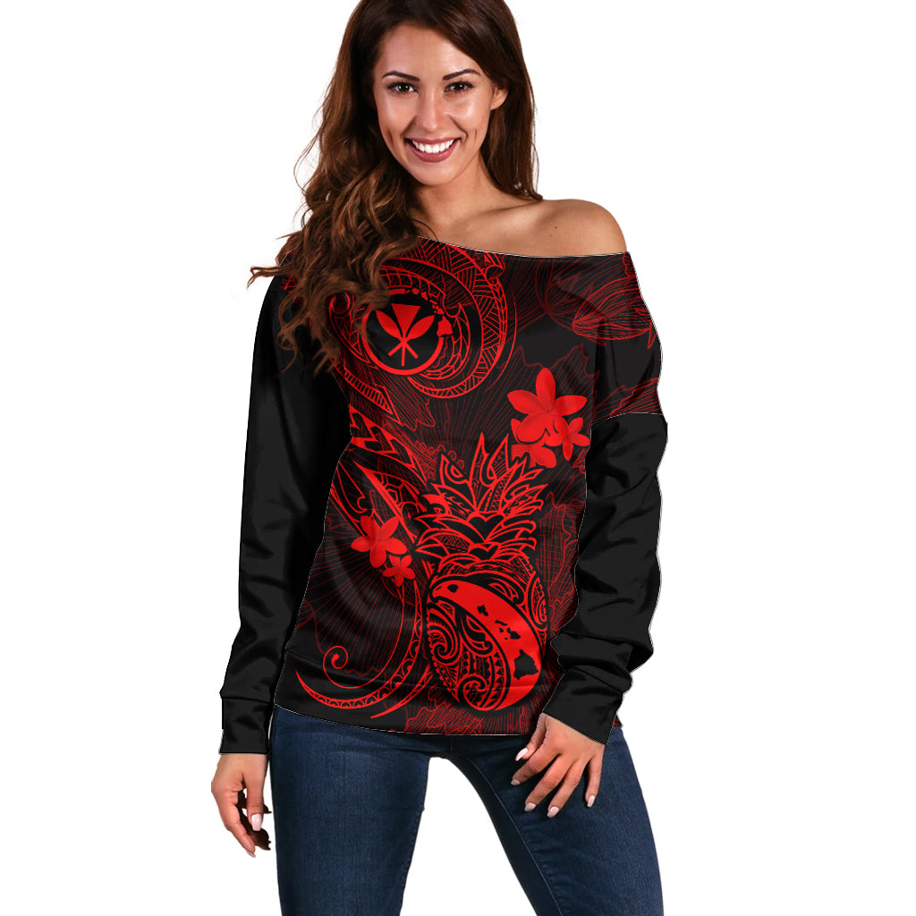 Hawaii Off Shoulder Sweater Pineapple Mix Polynesian Plumeria Red Version LT14 Women Red - Polynesian Pride