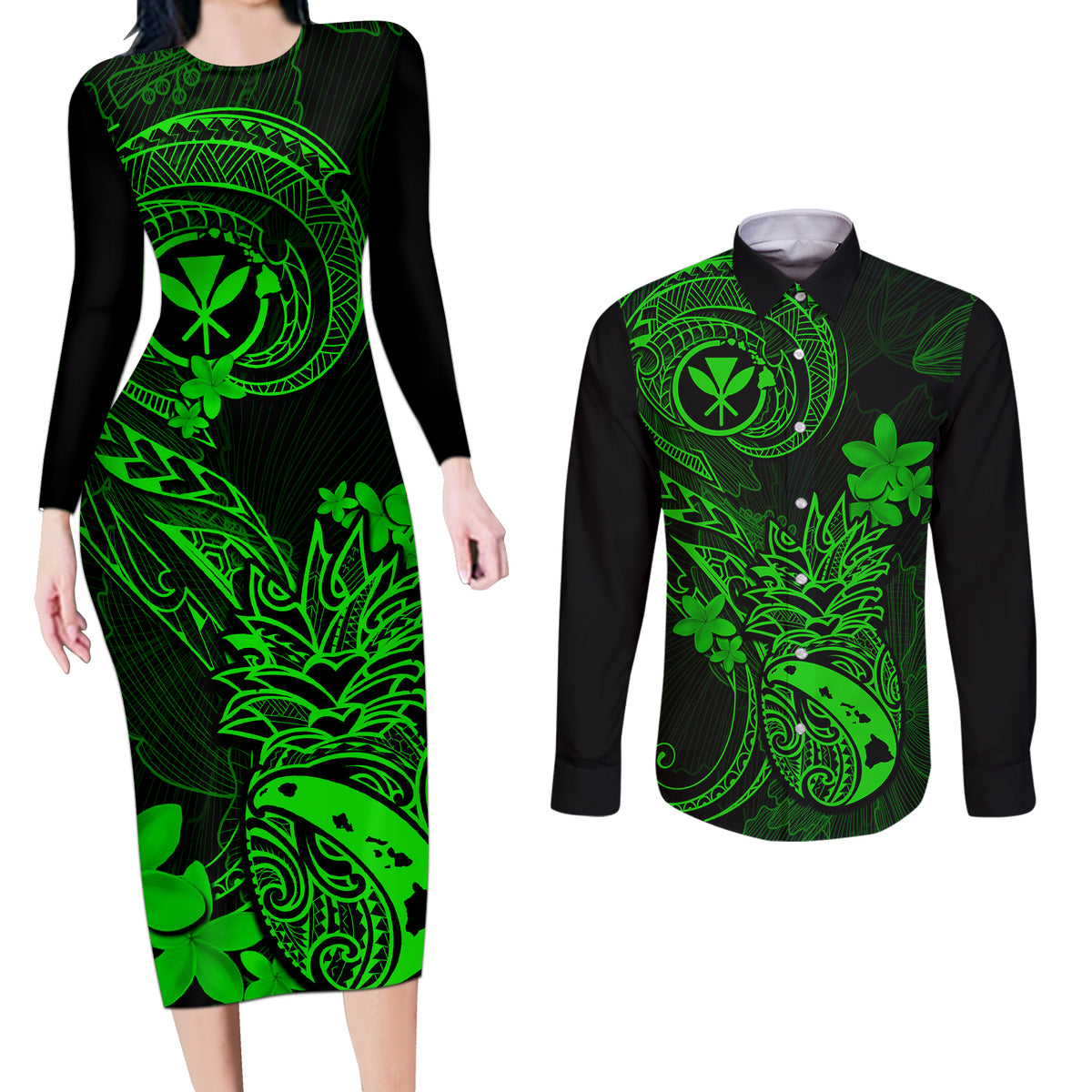 Hawaii Couples Matching Long Sleeve Bodycon Dress and Long Sleeve Button Shirts Pineapple Mix Polynesian Plumeria Green Version LT14 Green - Polynesian Pride