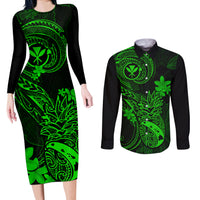 Hawaii Couples Matching Long Sleeve Bodycon Dress and Long Sleeve Button Shirts Pineapple Mix Polynesian Plumeria Green Version LT14 Green - Polynesian Pride