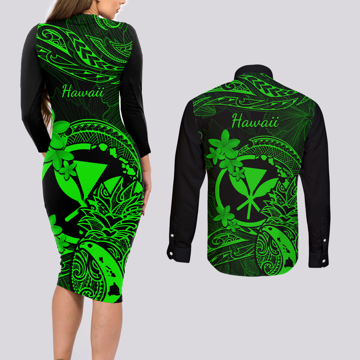 Hawaii Couples Matching Long Sleeve Bodycon Dress and Long Sleeve Button Shirts Pineapple Mix Polynesian Plumeria Green Version LT14 - Polynesian Pride