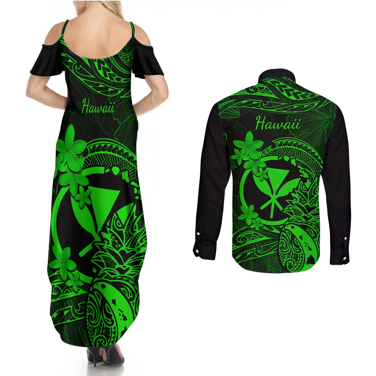 hawaii-couples-matching-summer-maxi-dress-and-long-sleeve-button-shirts-pineapple-mix-polynesian-plumeria-green-version