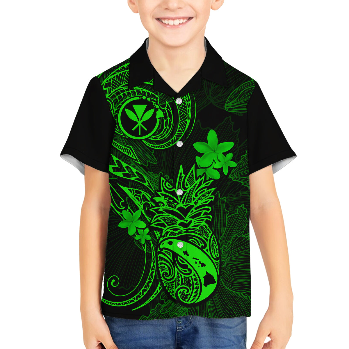 Hawaii Family Matching Off Shoulder Maxi Dress and Hawaiian Shirt Pineapple Mix Polynesian Plumeria Green Version LT14 Son's Shirt Green - Polynesian Pride