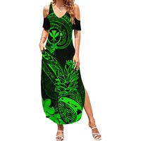 Hawaii Family Matching Summer Maxi Dress and Hawaiian Shirt Pineapple Mix Polynesian Plumeria Green Version LT14 Daughter's Dress Green - Polynesian Pride