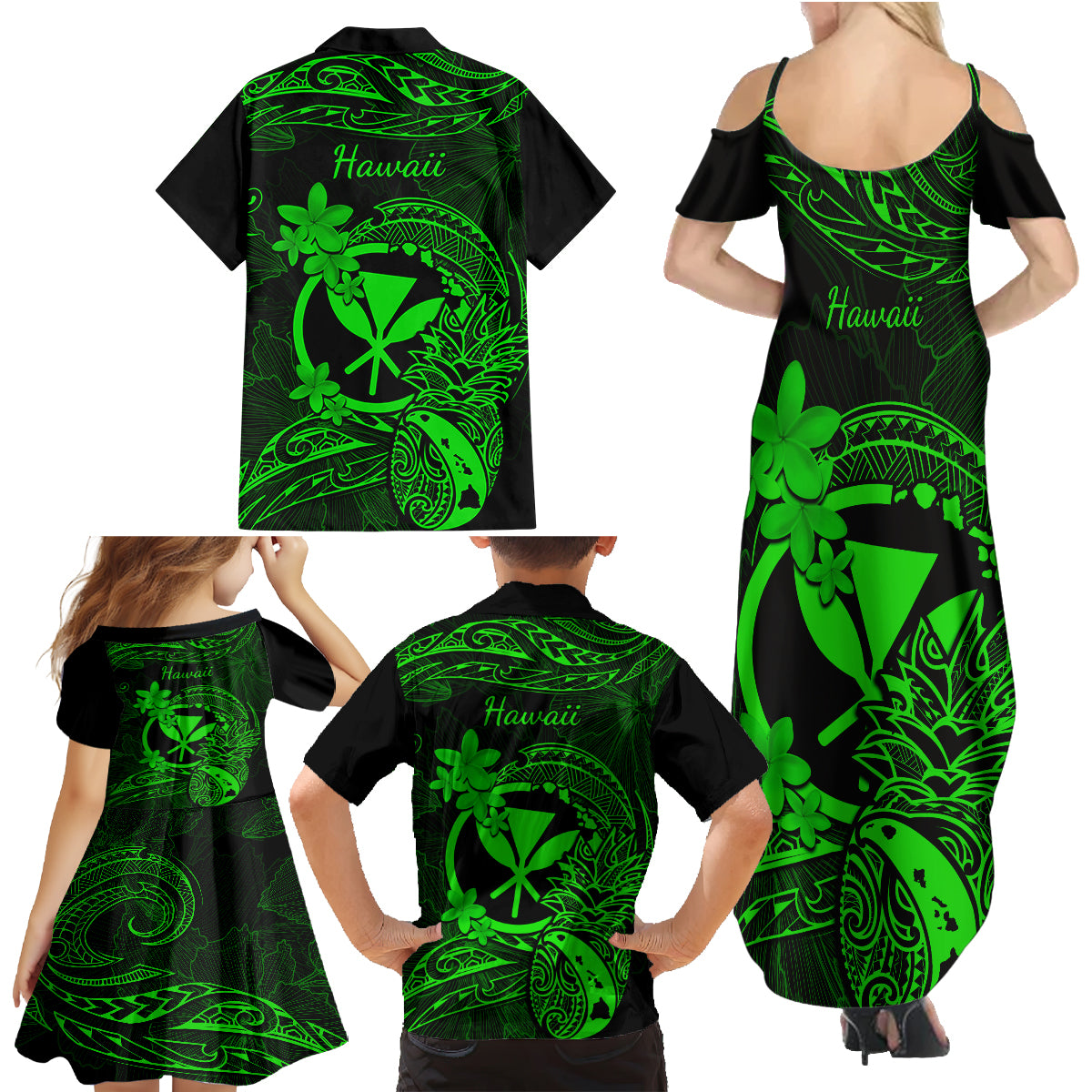 Hawaii Family Matching Summer Maxi Dress and Hawaiian Shirt Pineapple Mix Polynesian Plumeria Green Version LT14 - Polynesian Pride