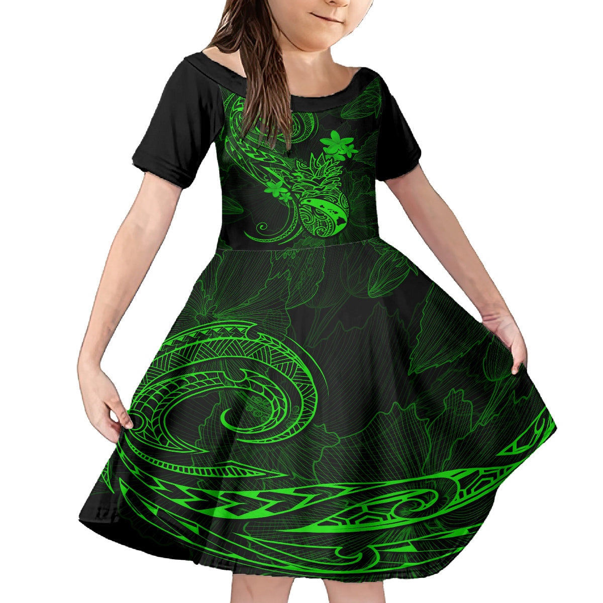 hawaii-kid-short-sleeve-dress-pineapple-mix-polynesian-plumeria-green-version