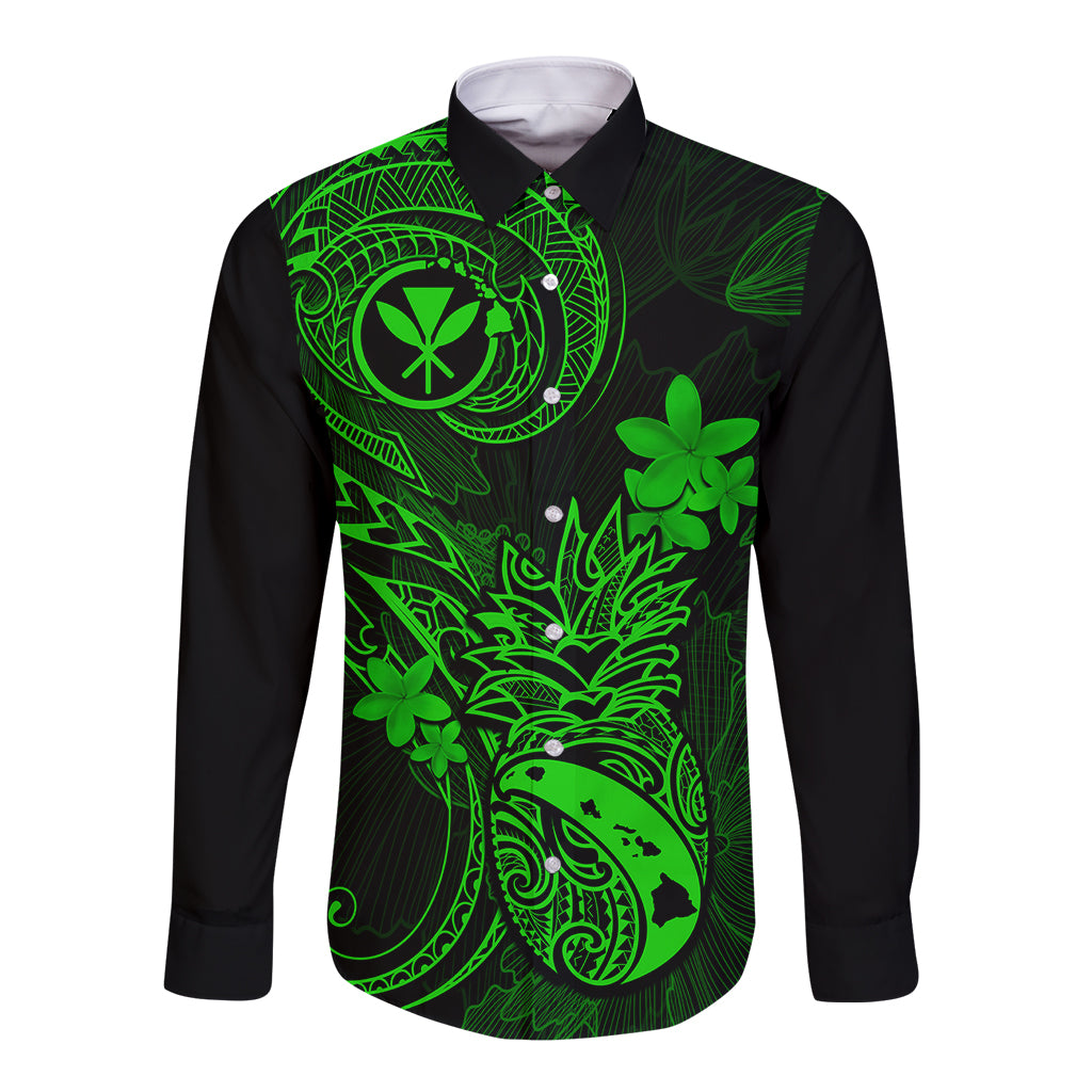 hawaii-long-sleeve-button-shirt-pineapple-mix-polynesian-plumeria-green-version