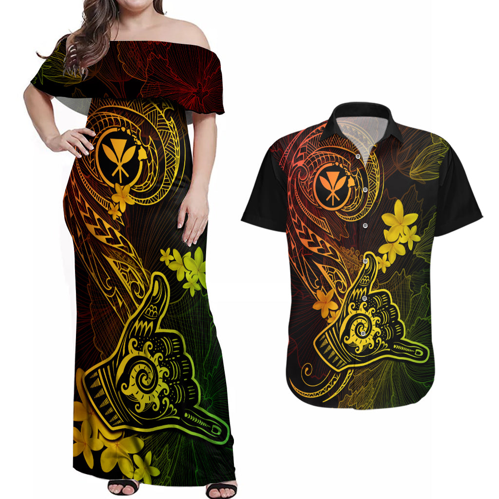 hawaii-couples-matching-off-shoulder-maxi-dress-and-hawaiian-shirt-shaka-tattoo-mix-polynesian-plumeria-reggae-version