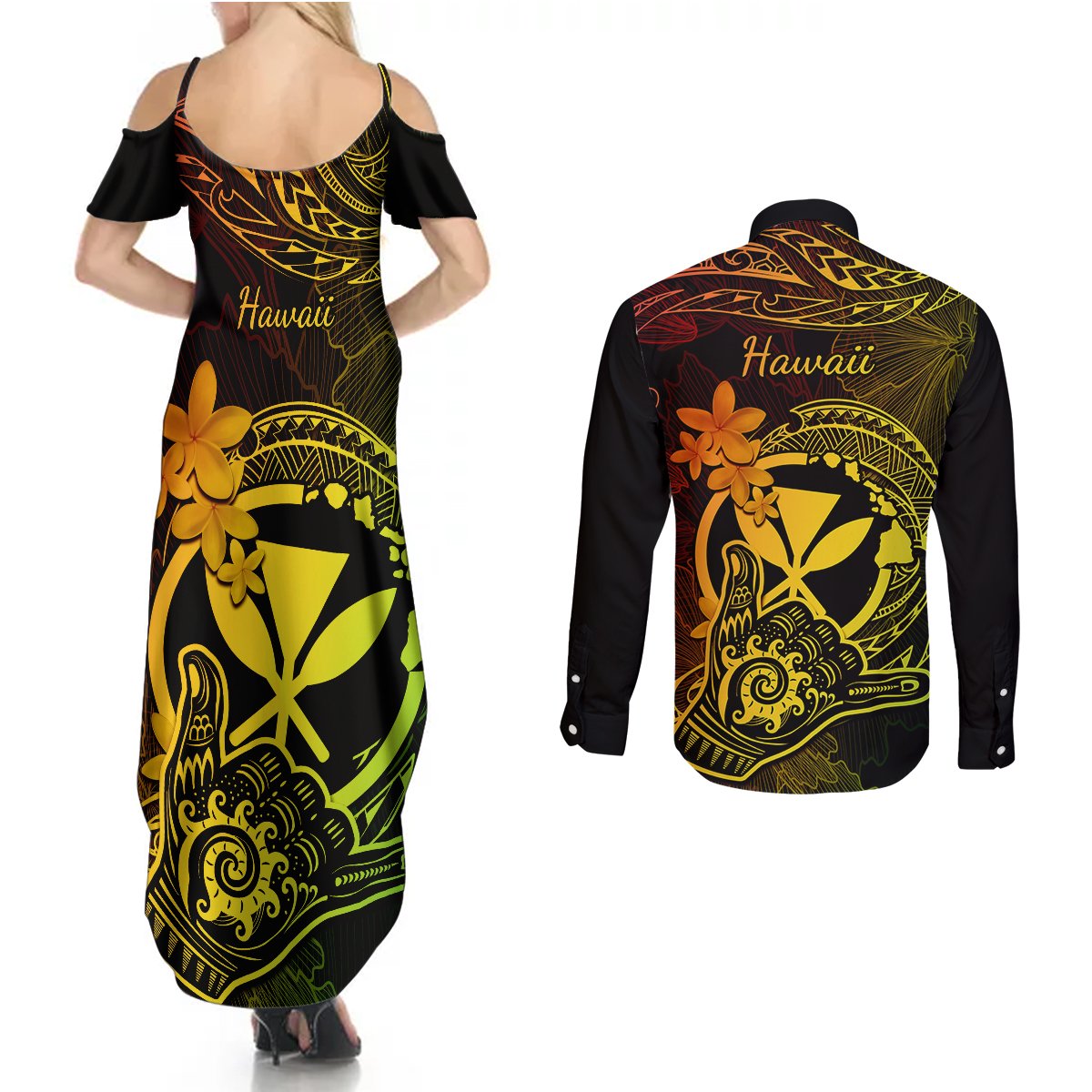 hawaii-couples-matching-summer-maxi-dress-and-long-sleeve-button-shirts-shaka-tattoo-mix-polynesian-plumeria-reggae-version
