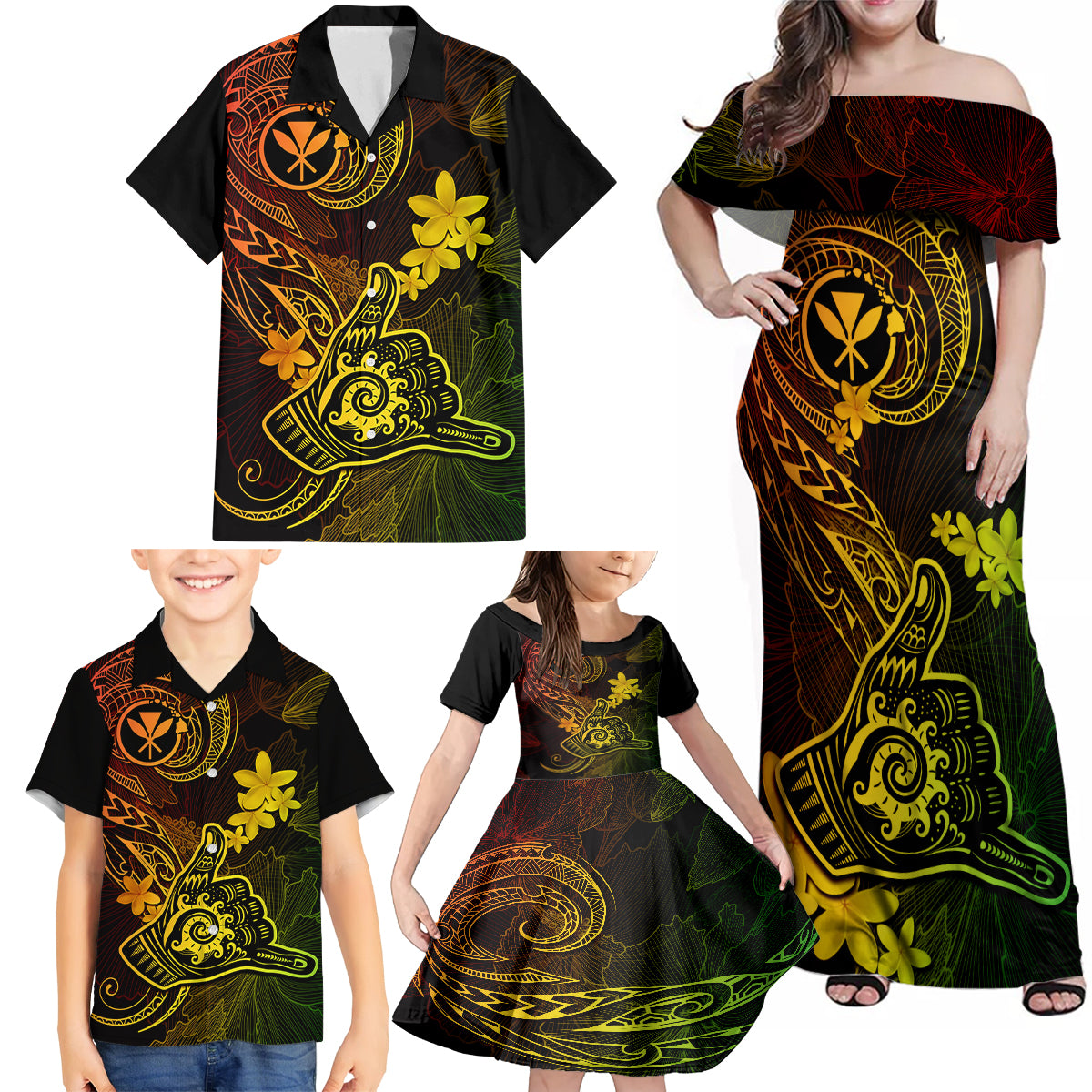 Hawaii Family Matching Off Shoulder Maxi Dress and Hawaiian Shirt Shaka Tattoo Mix Polynesian Plumeria Reggae Version LT14 - Polynesian Pride
