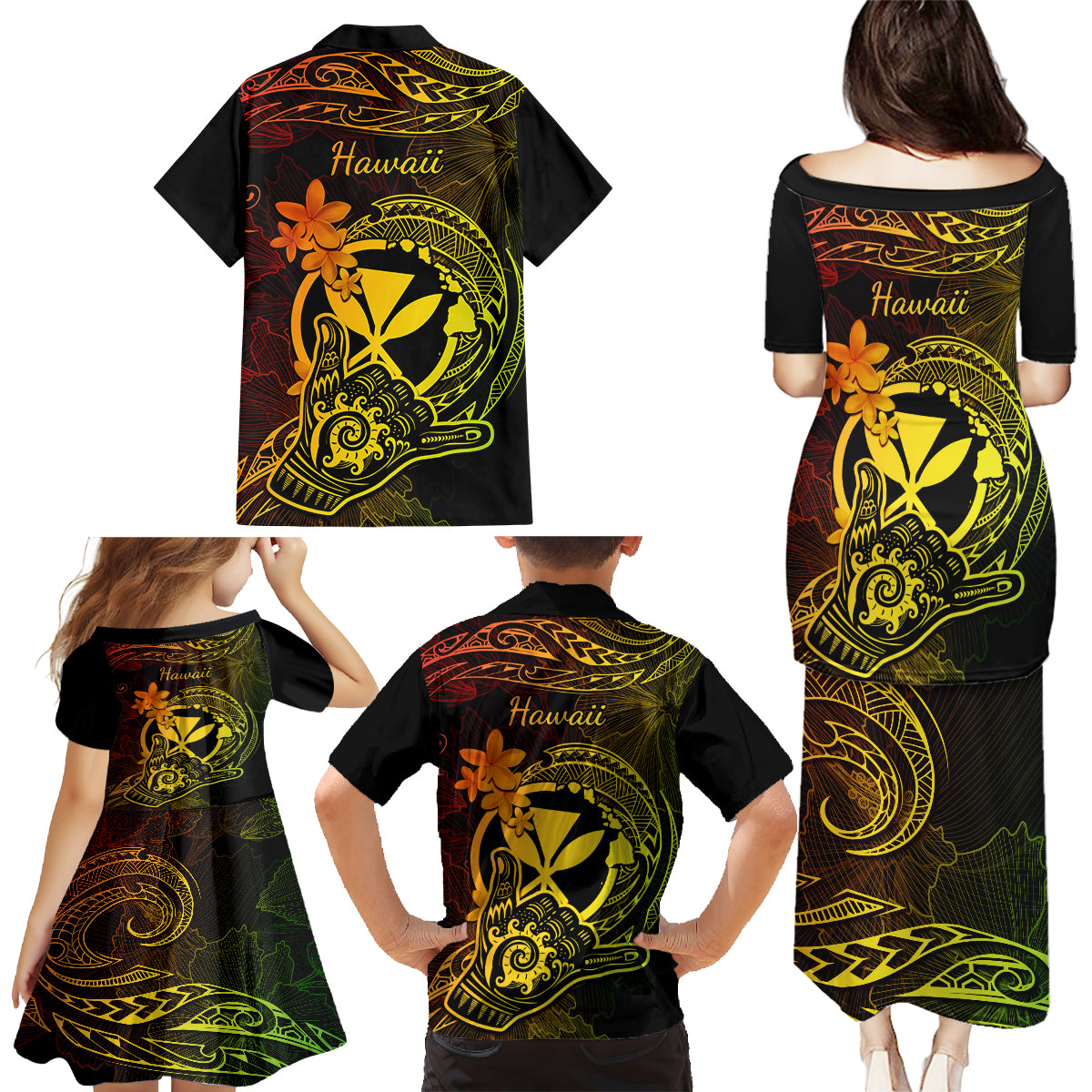 Hawaii Family Matching Puletasi Dress and Hawaiian Shirt Shaka Tattoo Mix Polynesian Plumeria Reggae Version LT14 - Polynesian Pride