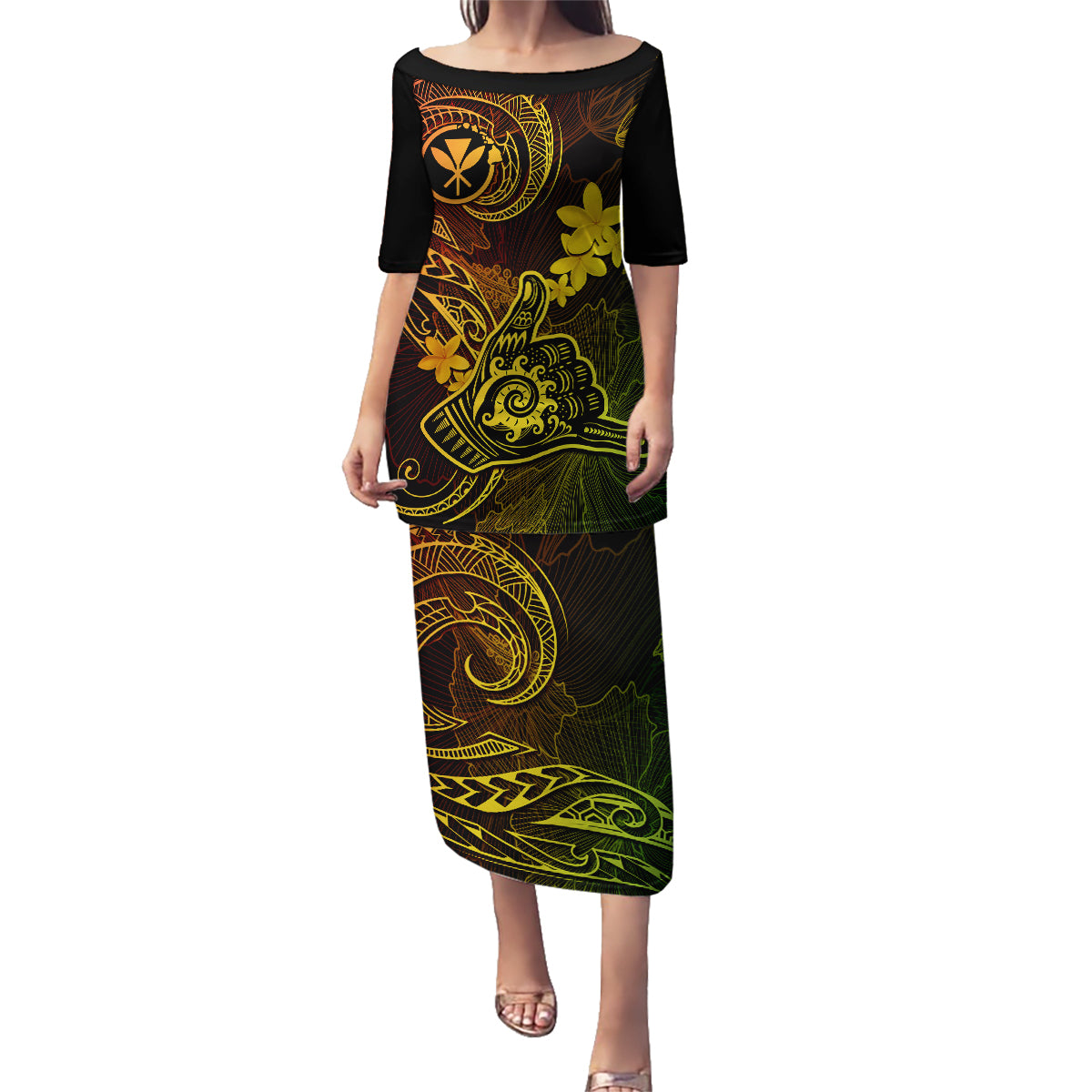 Hawaii Family Matching Puletasi Dress and Hawaiian Shirt Shaka Tattoo Mix Polynesian Plumeria Reggae Version LT14 Mom's Dress Reggae - Polynesian Pride