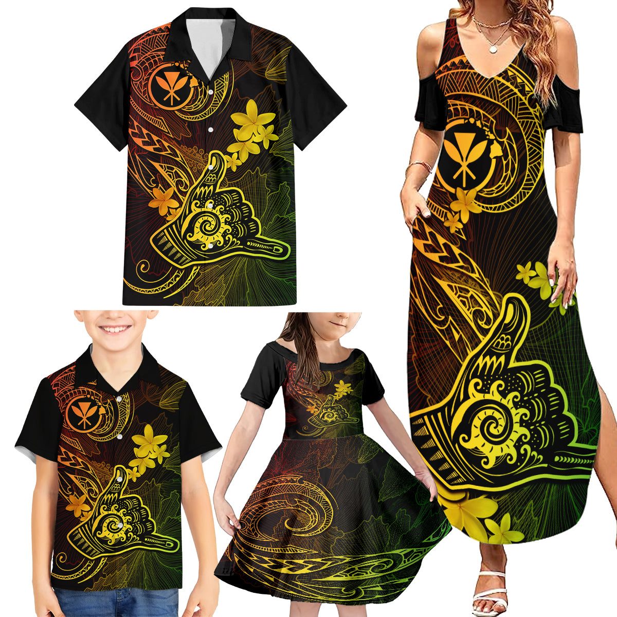 Hawaii Family Matching Summer Maxi Dress and Hawaiian Shirt Shaka Tattoo Mix Polynesian Plumeria Reggae Version LT14 - Polynesian Pride