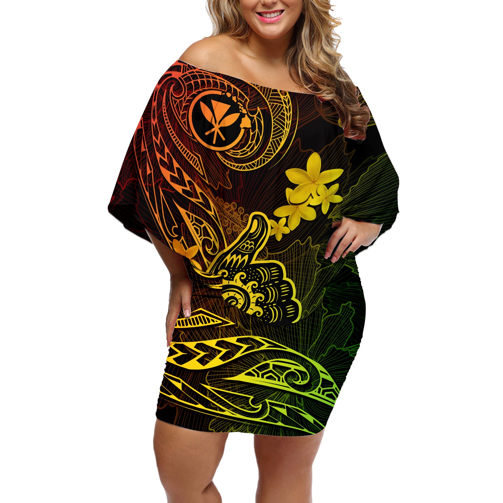 hawaii-off-shoulder-short-dress-shaka-tattoo-mix-polynesian-plumeria-reggae-version