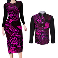 hawaii-couples-matching-long-sleeve-bodycon-dress-and-long-sleeve-button-shirts-shaka-tattoo-mix-polynesian-plumeria-pink-version