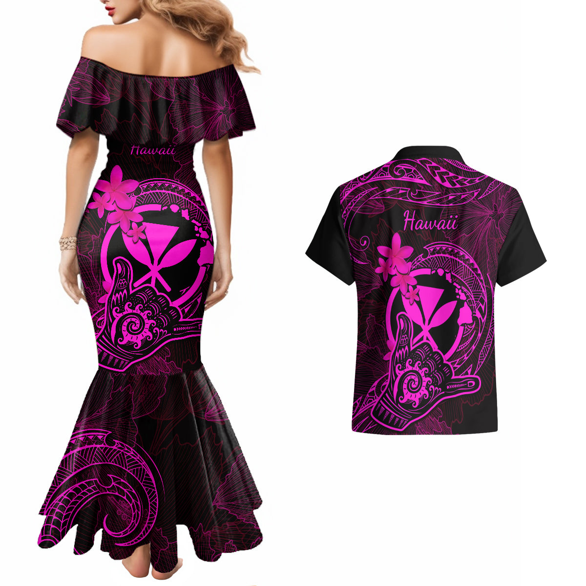 hawaii-couples-matching-mermaid-dress-and-hawaiian-shirt-shaka-tattoo-mix-polynesian-plumeria-pink-version