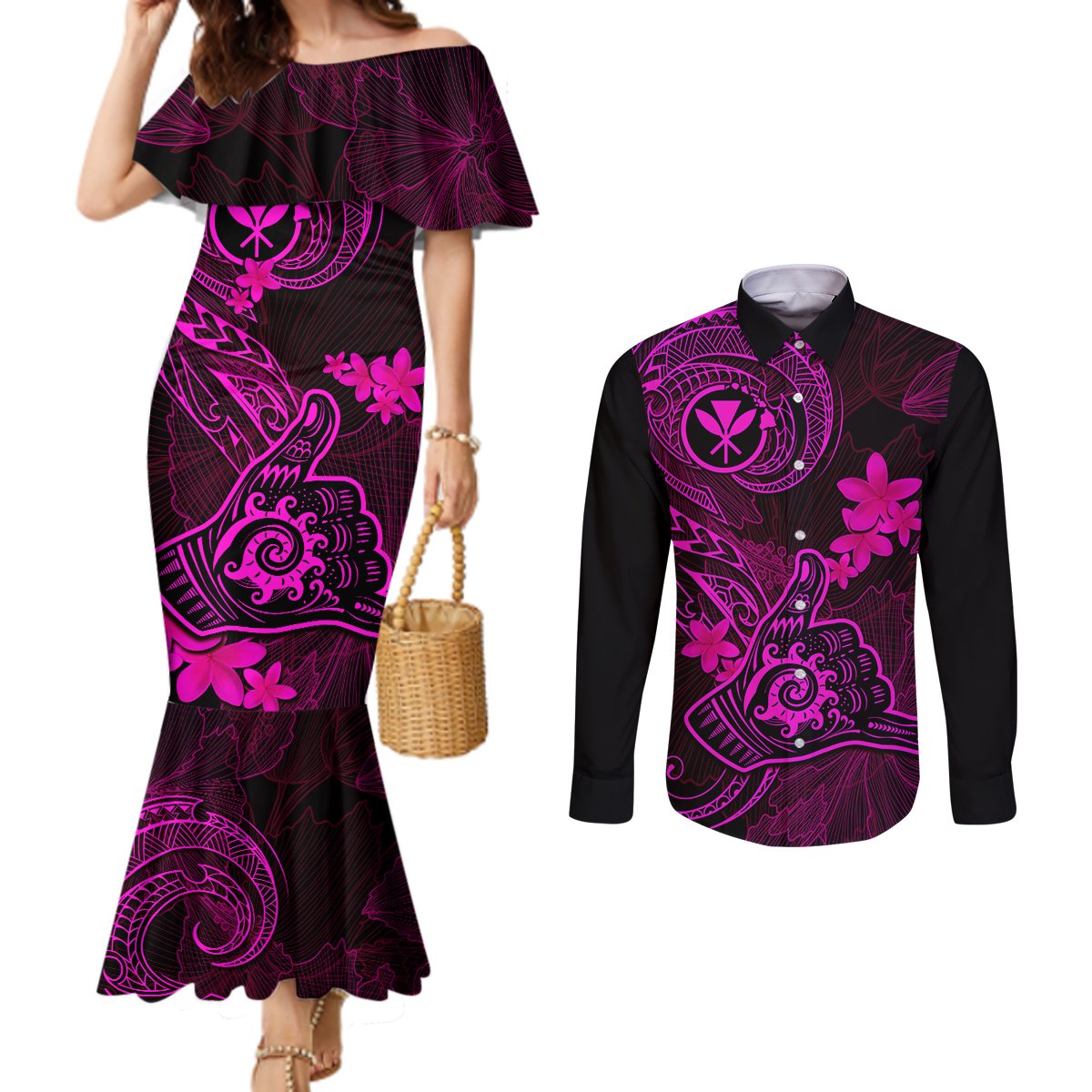 hawaii-couples-matching-mermaid-dress-and-long-sleeve-button-shirts-shaka-tattoo-mix-polynesian-plumeria-pink-version