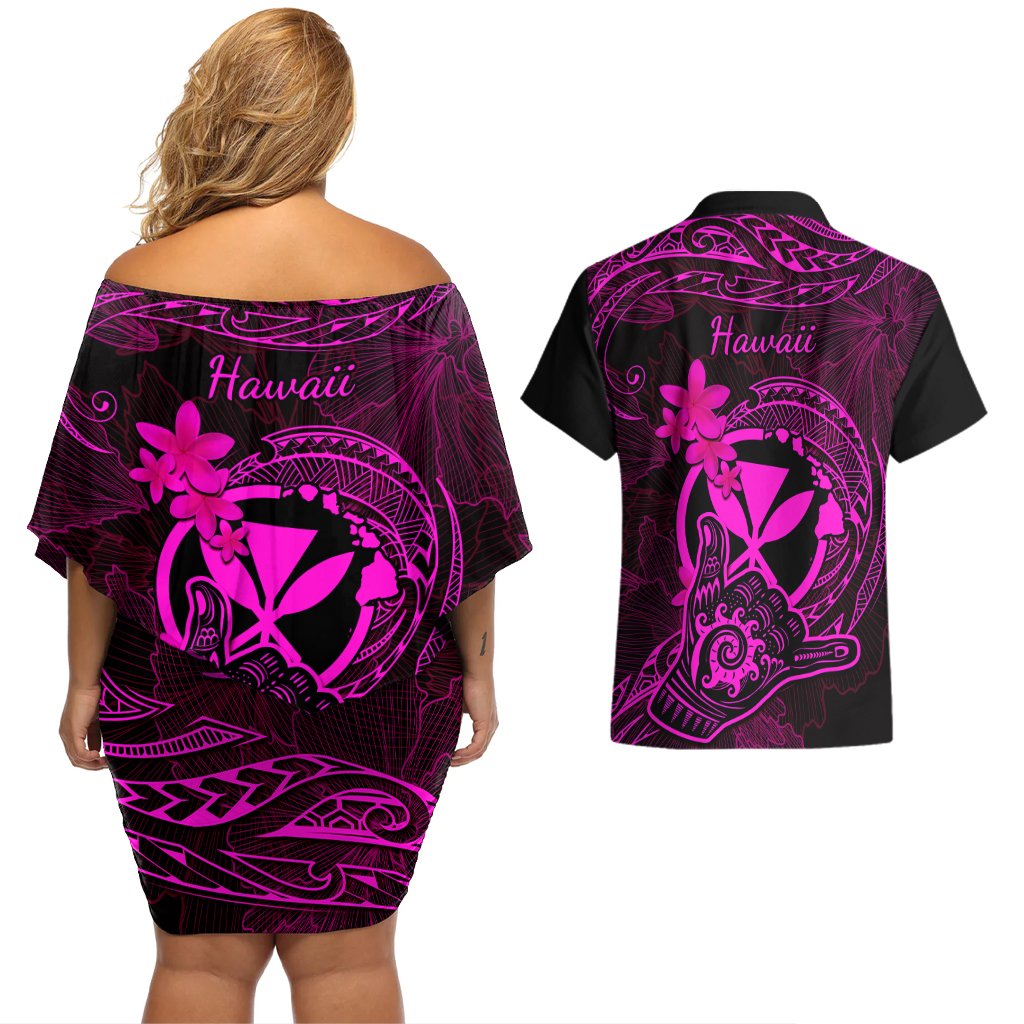 hawaii-couples-matching-off-shoulder-short-dress-and-hawaiian-shirt-shaka-tattoo-mix-polynesian-plumeria-pink-version