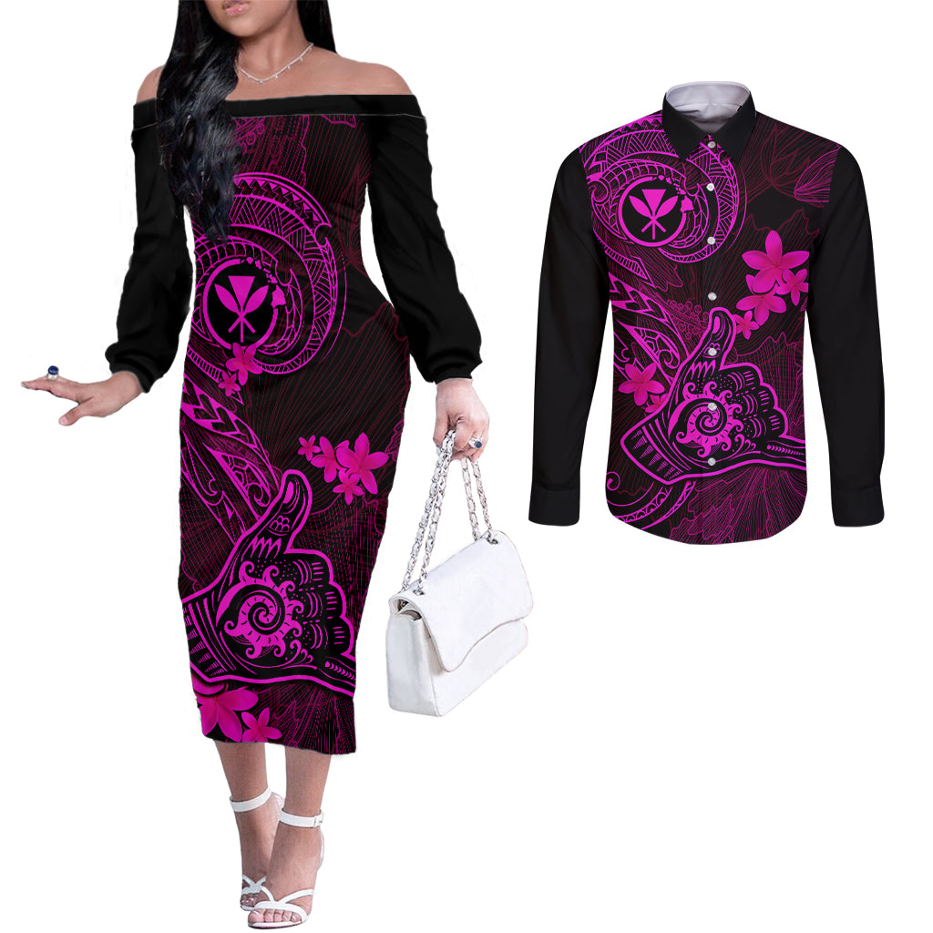 hawaii-couples-matching-off-the-shoulder-long-sleeve-dress-and-long-sleeve-button-shirts-shaka-tattoo-mix-polynesian-plumeria-pink-version