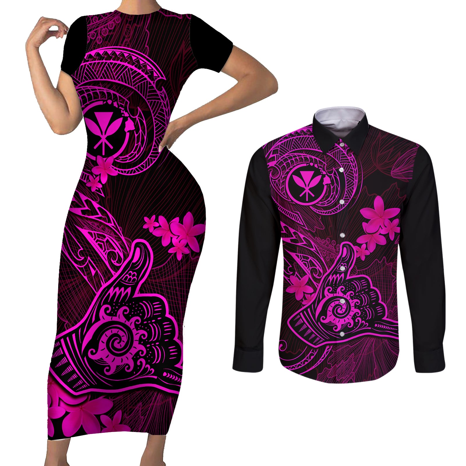 hawaii-couples-matching-short-sleeve-bodycon-dress-and-long-sleeve-button-shirts-shaka-tattoo-mix-polynesian-plumeria-pink-version
